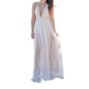 Luxxel Cream Pleated Tiered Maxi Dress